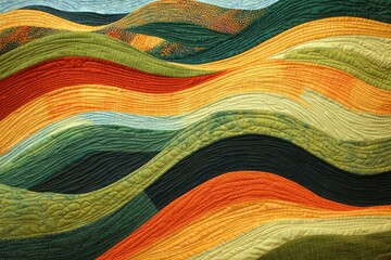 A vibrant quilt featuring wavy, flowing patterns in shades of deep green, orange, and yellow, resembling the undulating hills of a countryside landscape