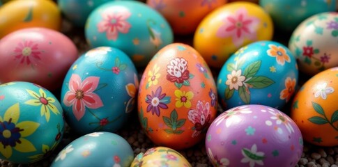 Fototapeta premium Close-up of hand-painted easter eggs with decorative patterns , Eggs, creativity