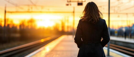 silhouette station train subway woman concept. A woman stands at a train platform during a sunset.