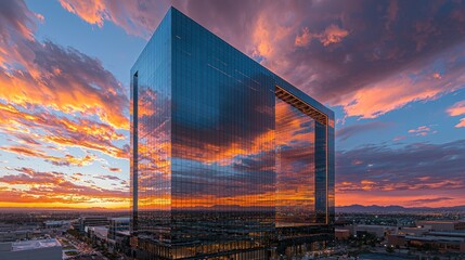 Obraz premium Modern skyscraper reflecting sunset clouds over city