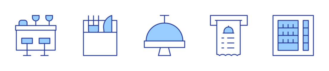 table, cutlery, buffet, bill, food and restaurant. Restaurant Icon vector illustration. Line Duotone style. Editable stroke