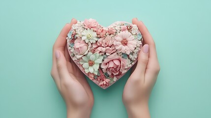 Hands Holding a Heart-Shaped Floral Gift Box with Delicate Pink and White Flowers on Pastel Background

