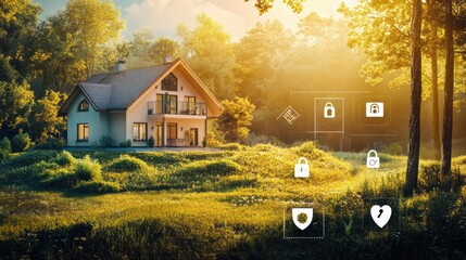 Smart home security system in a tranquil forest setting at sunset.