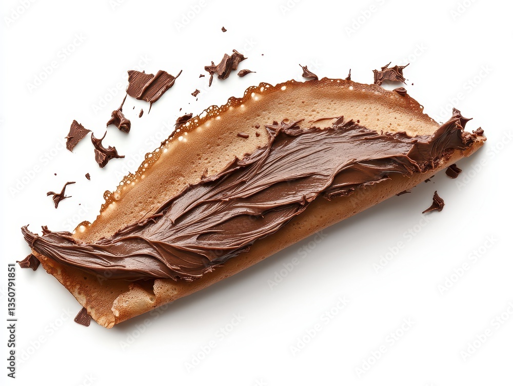 Poster smooth chocolate spread on creamy layer over a thin crispy base with shavings and swirls of chocolat