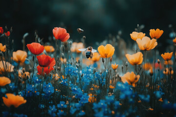 Obraz premium A bee flying over a field of colorful flowers, including red and yellow poppies and blue forget-me-nots, with a blurred background of other flowers and plants.
