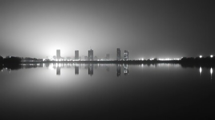 Fototapeta premium City skyline reflected in tranquil lake at night