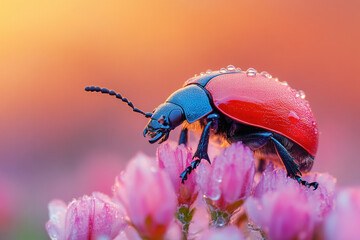 Fototapeta premium A vibrant red and blue beetle with dew drops on its exoskeleton and body, sitting on a bed of pink flowers with a blurred orange background, displaying a sense of freshness and natural beauty.