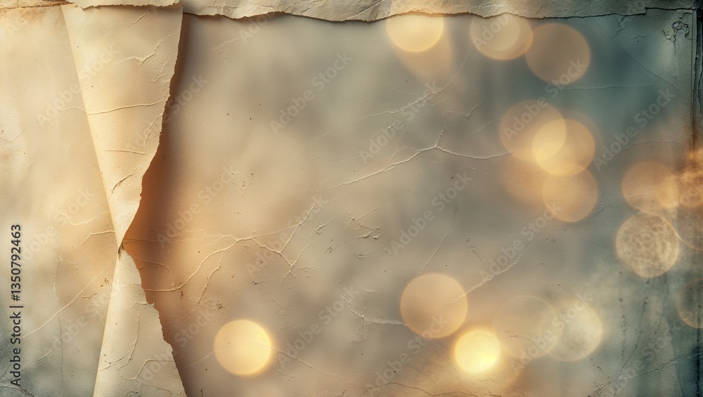 Poster creative background with crumpled texture and soft golden bokeh lights in a blurred setting