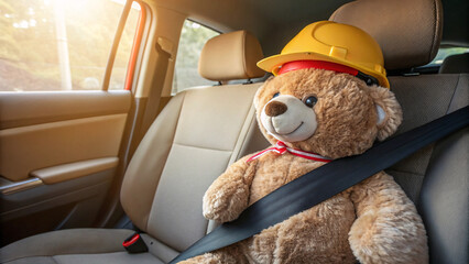 Cute Teddy Bear with Safety Hat Sitting in Car Seat Safely Buckled In - Safety Day for Children