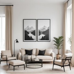 Stylish Modern Living Room Interior with Mountain View Artwork
