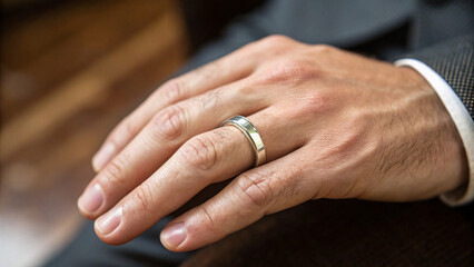 Elegant Male Hand Wearing Simple Wedding Ring on Finger Groom, Engagement day