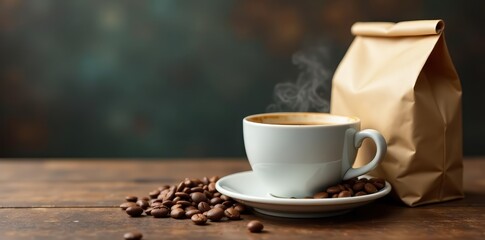 Close up of coffee cup and brown bags with copy space, cup, brown