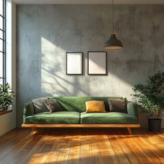 Cozy living room featuring a green sofa and natural light