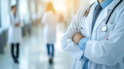 Two confident medical professionals in white coats, embodying expertise and trust in healthcare.
