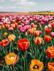 Field of flowers with many different colors including pink, orange, and white