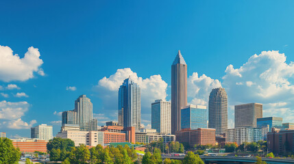 Obraz premium An urban skyline of high-rise buildings with a clear blue sky, featuring a mix of modern and older structures, including an iconic glass skyscraper