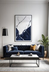 Stylish Living Room Interior with Blue Velvet Sofa and Abstract Art