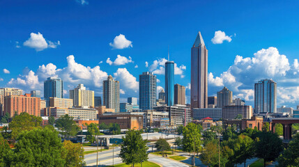 Fototapeta premium A bustling city skyline with tall buildings and a mix of modern and older structures.