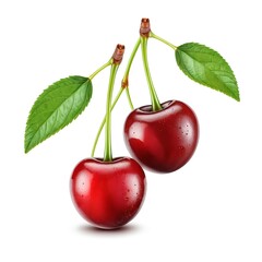 Two Fresh Red Cherries with Green Stems and Leaves