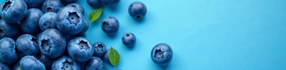 Close-up of fresh blueberries on bright blue background, blueberries, vivid, fresh