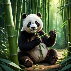 Obraz premium Adorable Panda Bear Eating Bamboo in Lush Forest