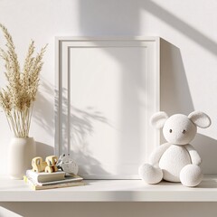 Plush Mouse Toy and Books on Shelf with Wheatgrass and Picture Frame for Nursery Decor Image