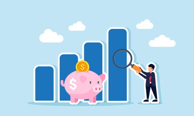 A businessman examines a chart with a piggy bank using a magnifying glass, illustration of evaluation and analysis related to business financial management