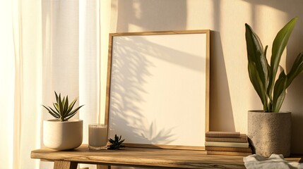 Light and Shadow Play on Minimalist Interior Decor with Plants and Picture Frame in a Home Setting