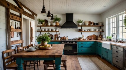 Rustic kitchen with teal cabinets, wooden table and natural light pouring in