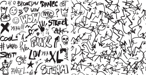 Street culture drawing lettering, graffiti, tags with spray effect street style set