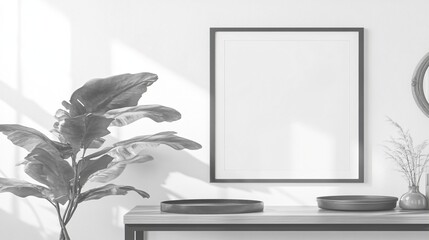 Contemporary Home Decor Frame with Houseplant and Minimalist Style Table in Natural Light Setting