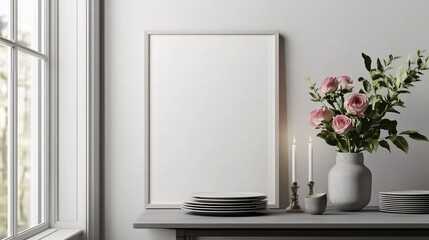 Serene Interior with Flowers Frame Plates and Candles Elegant Still Life Decoration 96 chars