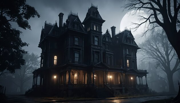 Mysterious Victorian Mansion at Night