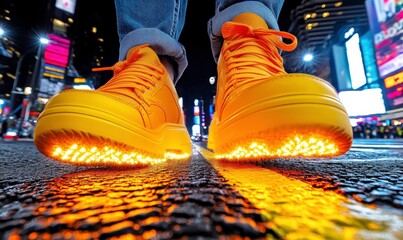 Fototapeta premium Bright Yellow Sneakers with LED Lights Illuminating Sidewalk in Urban Setting at Night, Colorful City Lights in Background Creating Vibrant Atmosphere