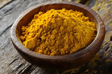 Golden Turmeric Powder in Wooden Bowl Closeup