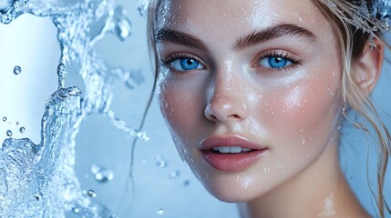 Naklejka premium Close-up of a woman's face, wet with water