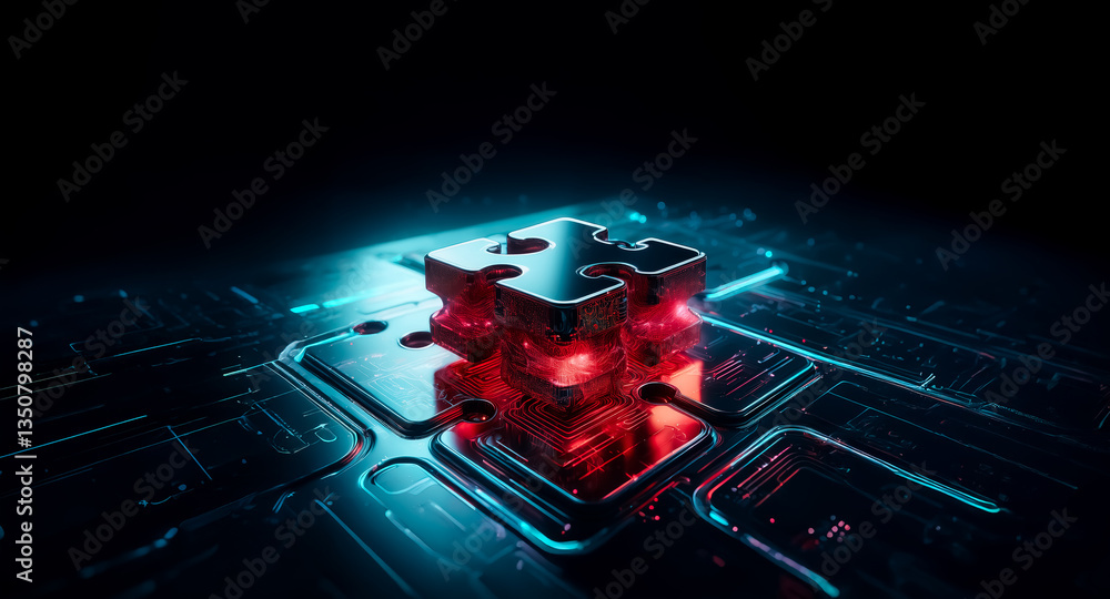 Poster glowing red puzzle cube sits on a blue circuit-like surface against a dark backdrop. a conceptual an