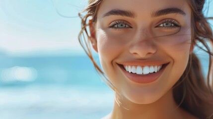 Woman with a bright smile is standing on a beach