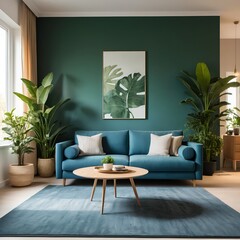 Teal Living Room Interior with Green Wall and Plants