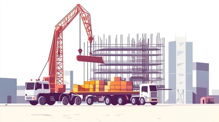 Fototapeta premium Construction crane loading truck with building under construction. Possible stock photo use showing progress of a building