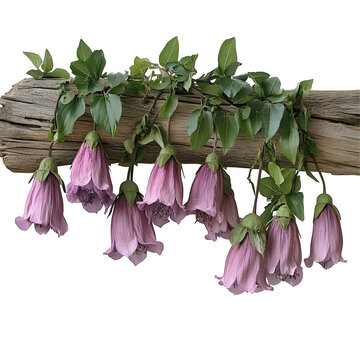 Lapageria rosea, Chilean bellflower on driftwood against a black background