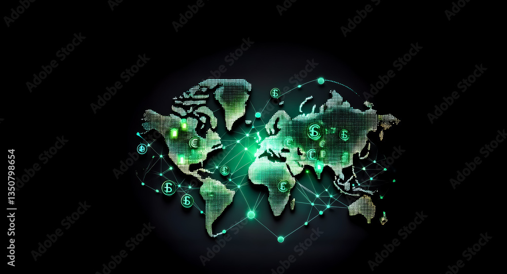 Poster glowing green world map with interconnected nodes. connections spread across continents, symbolizing