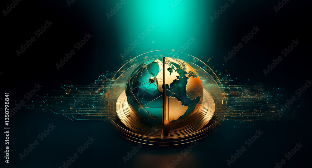 Aufkleber a metallic and earth globe rests on a stand, illuminated by teal light. digital particles float, rep