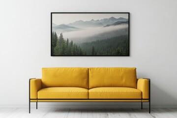 Mountain landscape framed, displayed on wall, yellow sofa