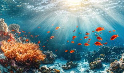Obraz premium A vibrant underwater scene with a school of colorful fish swimming