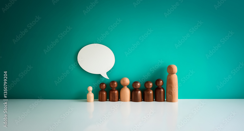 Poster wooden figures lined up in ascending size order with a speech bubble beside the smallest figure. sol