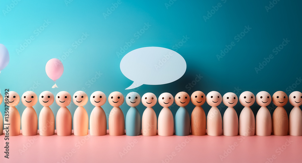 Aufkleber smiling wooden figures with diverse skin tones stand in a row against a colorful backdrop with ballo