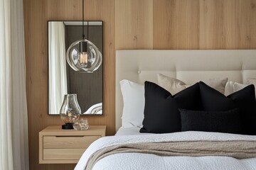 A modern bedroom with wooden walls and decorative hanging lights
