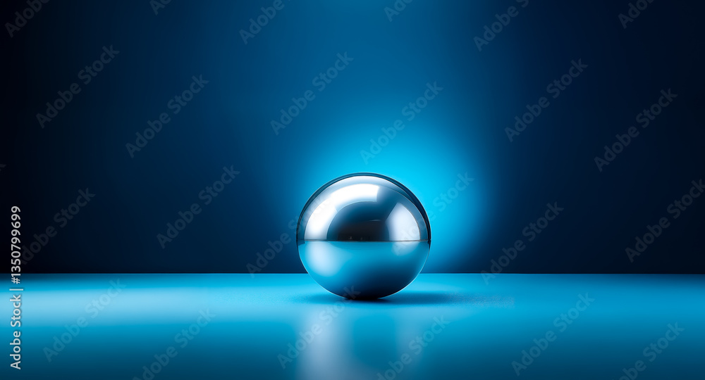 Poster a reflective metallic sphere rests on a smooth blue surface against a dark blue gradient backdrop, i