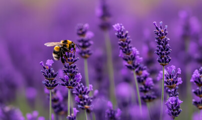 Naklejka premium A bee is perched on a lavender flower in a field of lavender.